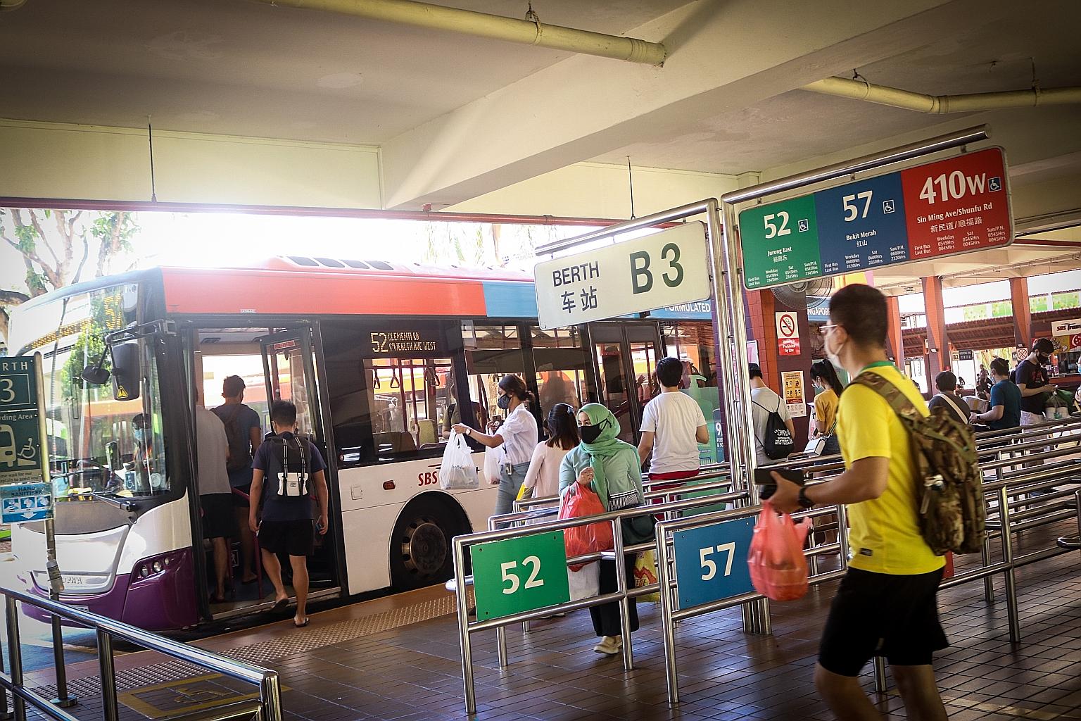 Two of three new Covid-19 clusters announced on Saturday were linked to the Bishan (left) and Sengkang bus interchanges, but health experts said that vaccinated people with vaccinated household members could safely commute by observing safe managemen