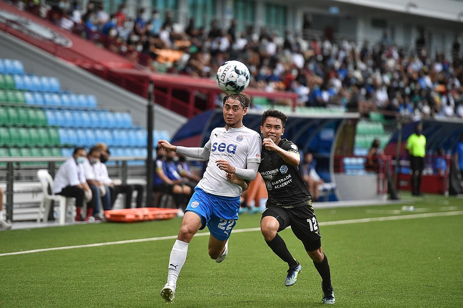 With some 500 fans at the Jalan Besar Stadium, the Lion City Sailors got off to a sizzling start through Gabriel Quak (far left, fighting for the ball with Amirul Haikal Hassim) putting them ahead after 34 minutes. They went on to beat Tampines Rover