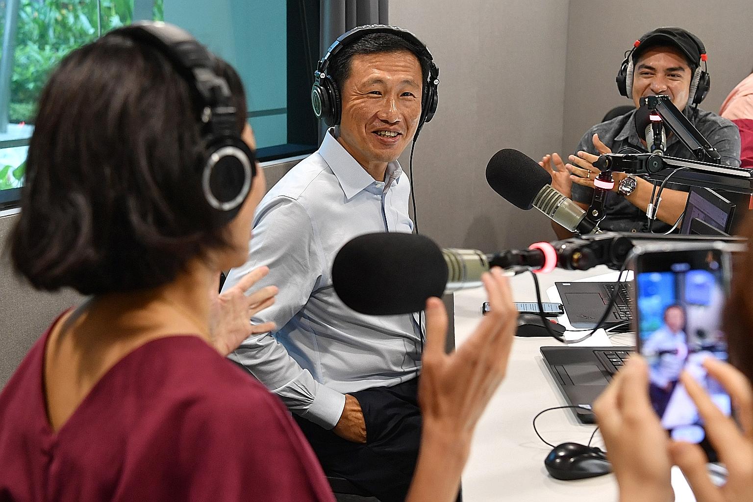In his interview with Kiss92 FM hosts Jo Tan (left) and Divian Nair (right) yesterday, Health Minister Ong Ye Kung urged those who cannot receive the mRNA-based Pfizer-BioNTech or Moderna vaccines to consider getting the Sinovac jab instead. ST PHOTO
