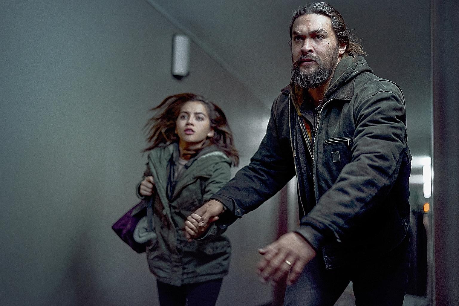Jason Momoa (right) plays a father on the run with his daughter (played by Isabela Merced, below) after trying to seek justice for his late wife.