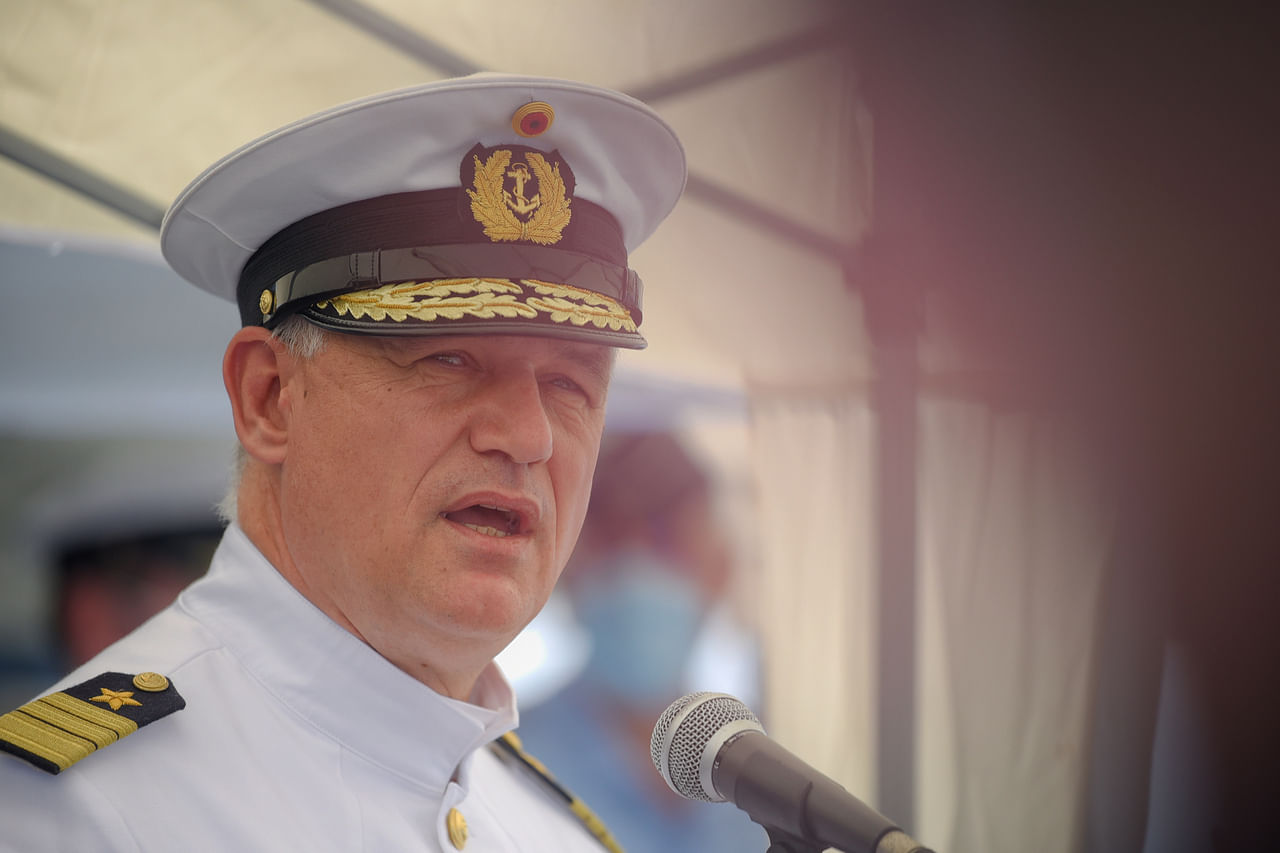 German Chief of Navy, Vice Admiral Kay-Achim Schönbach, speaks while aboard the Frigate FGS Bayern F217 at the Changi Naval Base on Dec 21.