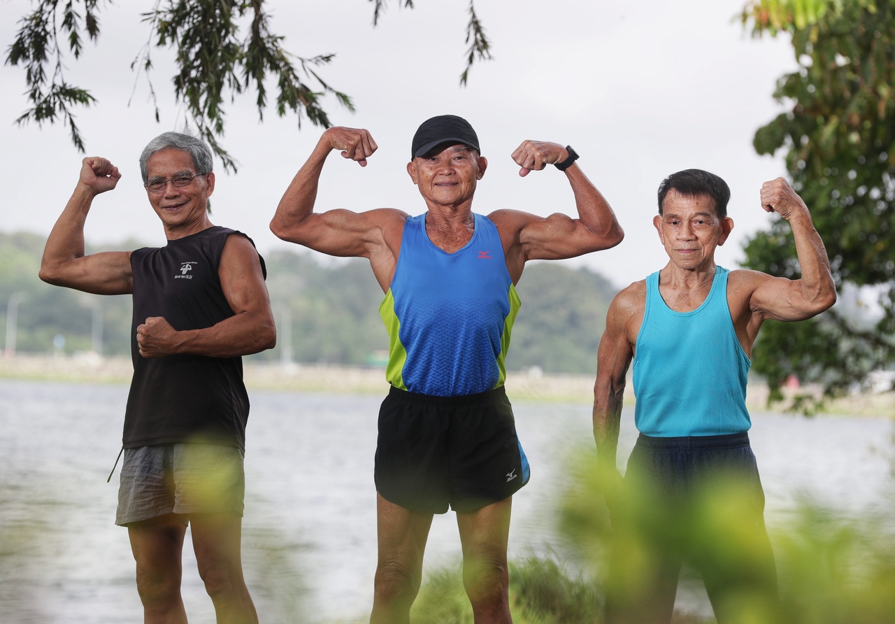 (From left) Mr Ngai Hin Kwok, Mr Chan Yoke Weng and Mr Ng Bee Kia at Lower Seletar Reservoir on Dec 11, 2021.