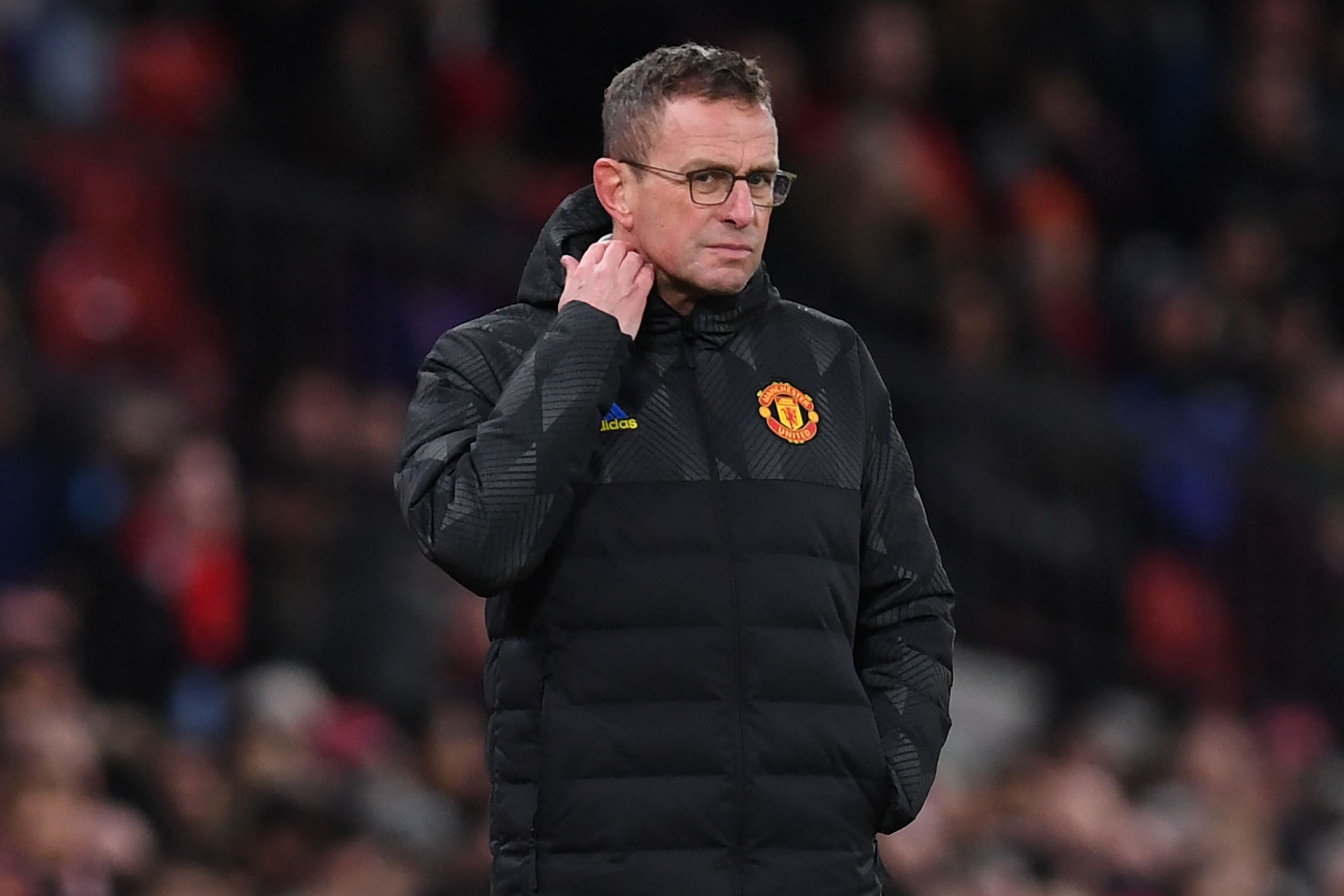 <p>Manchester United German Interim head coach Ralf Rangnick looks on during the UEFA Champions League Group F football match between Manchester United and Young Boys at Old Trafford stadium in Manchester, north west England on December 8, 2021. (Photo by