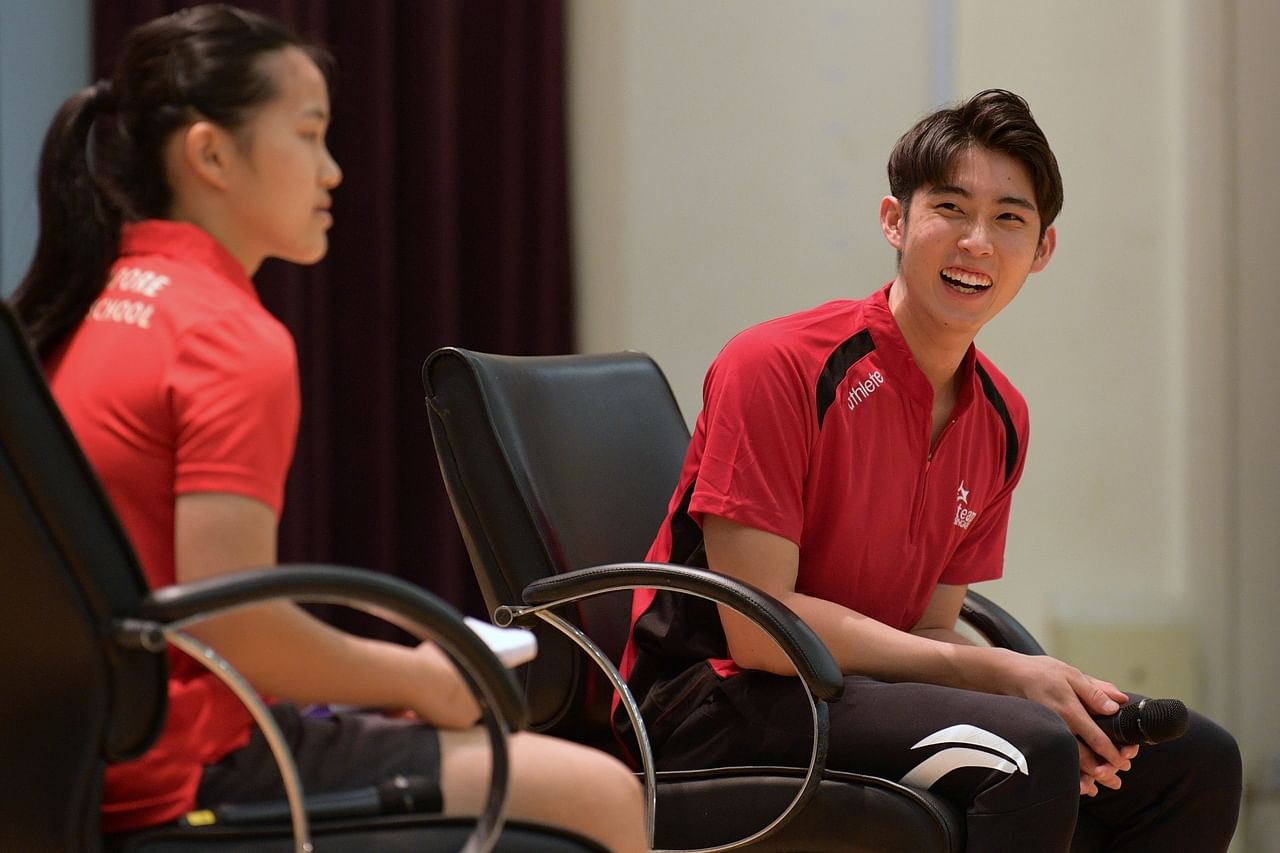 Loh Kean Yew at a sharing session with student-athletes at the Singapore Sports School.//Singapore Sports School will be organising the Homecoming of A World Champion - Loh Kean Yew to celebrate his win at the Badminton World Federation World Champion