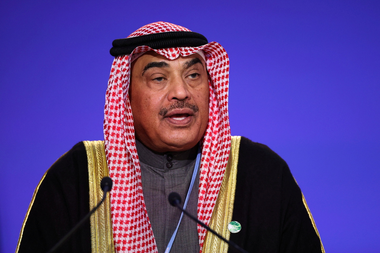 <p>FILE PHOTO: Kuwait's Prime Minister Sheikh Sabah al-Khalid al-Sabah speaks during the UN Climate Change Conference (COP26) in Glasgow, Scotland, Britain, November 2, 2021. REUTERS/Hannah McKay/Pool/File Photo</p>