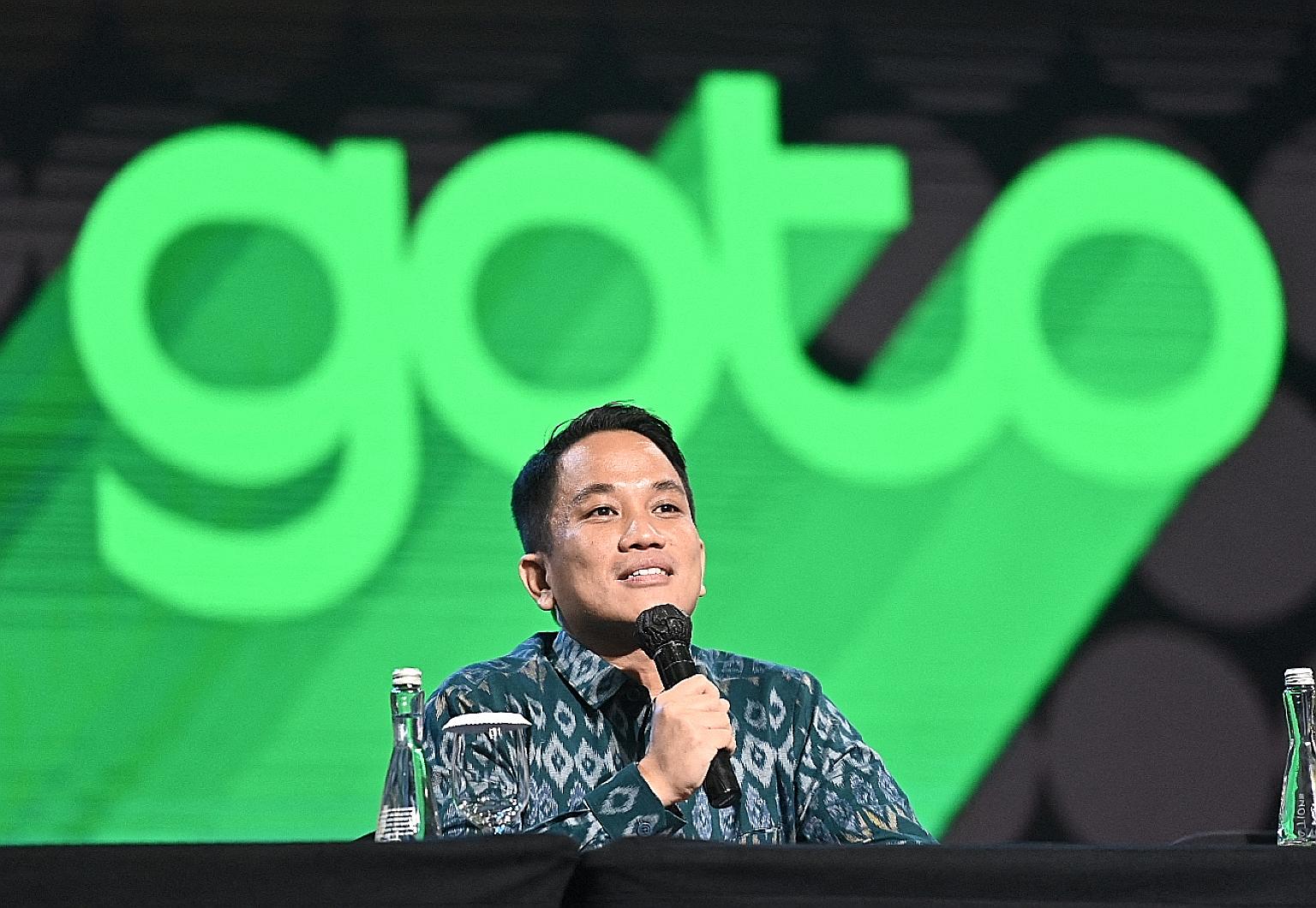 GoTo chief executive Andre Soelistyo at the company's IPO and public expose event in Jakarta on March 15. GoTo was formed from the merger of Indonesia's two most valuable start-ups last year, Gojek and Tokopedia..
