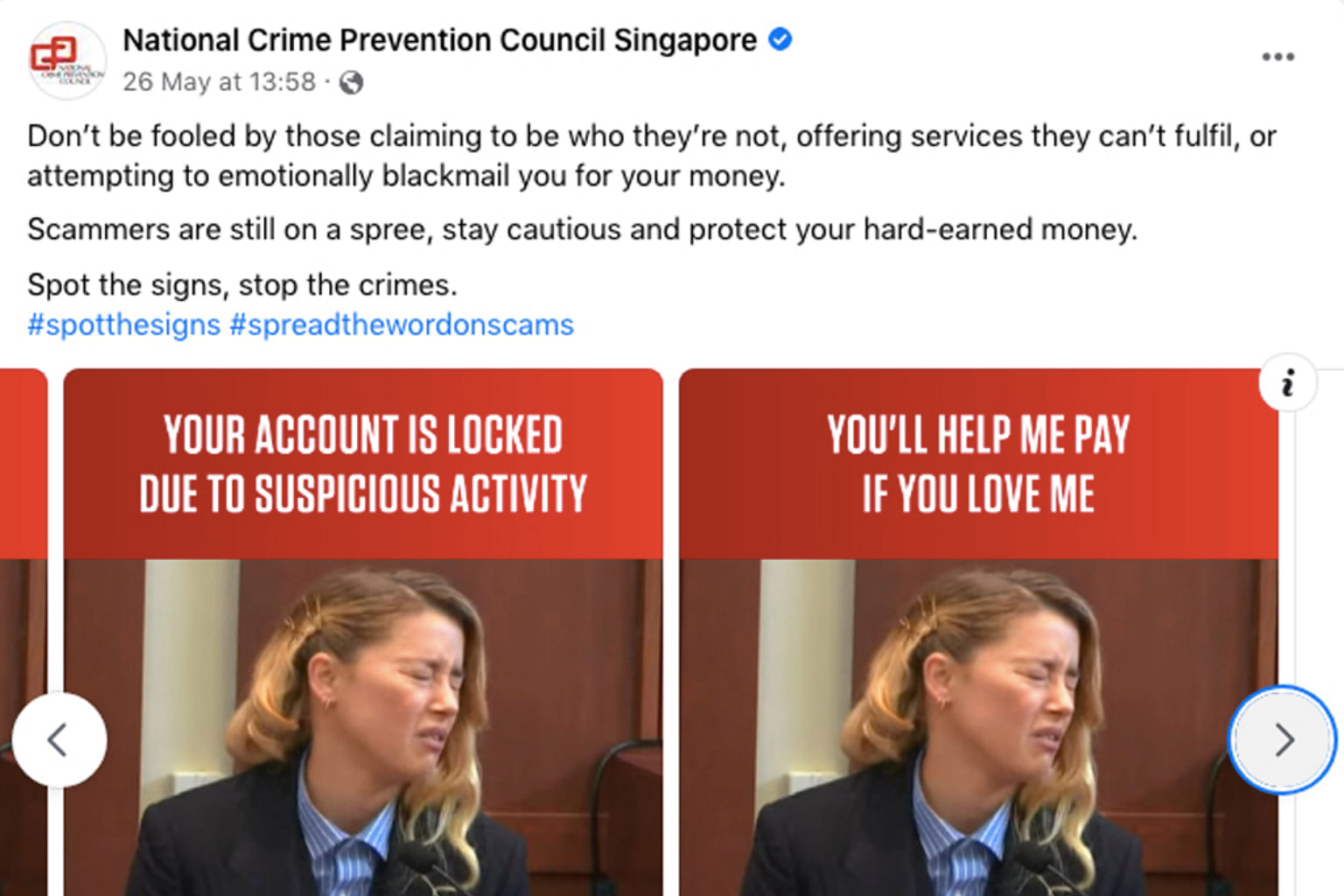 National Crime Prevention Council Removes Amber Heard Memes From Facebook,  Apologises For Mistake