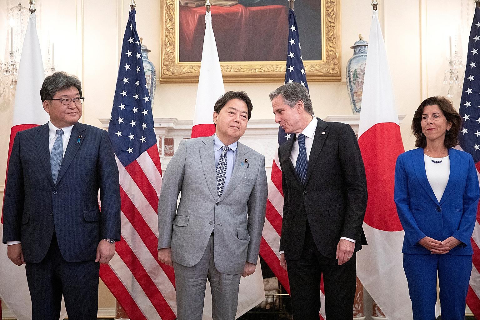 (From left) Japanese Minister of Economy, Trade and Industry Koichi Hagiuda and Foreign Minister Yoshimasa Hayashi with US Secretary of State Antony Blinken and Commerce Secretary Gina Raimondo during the US-Japan Economic Policy Consultative Committ