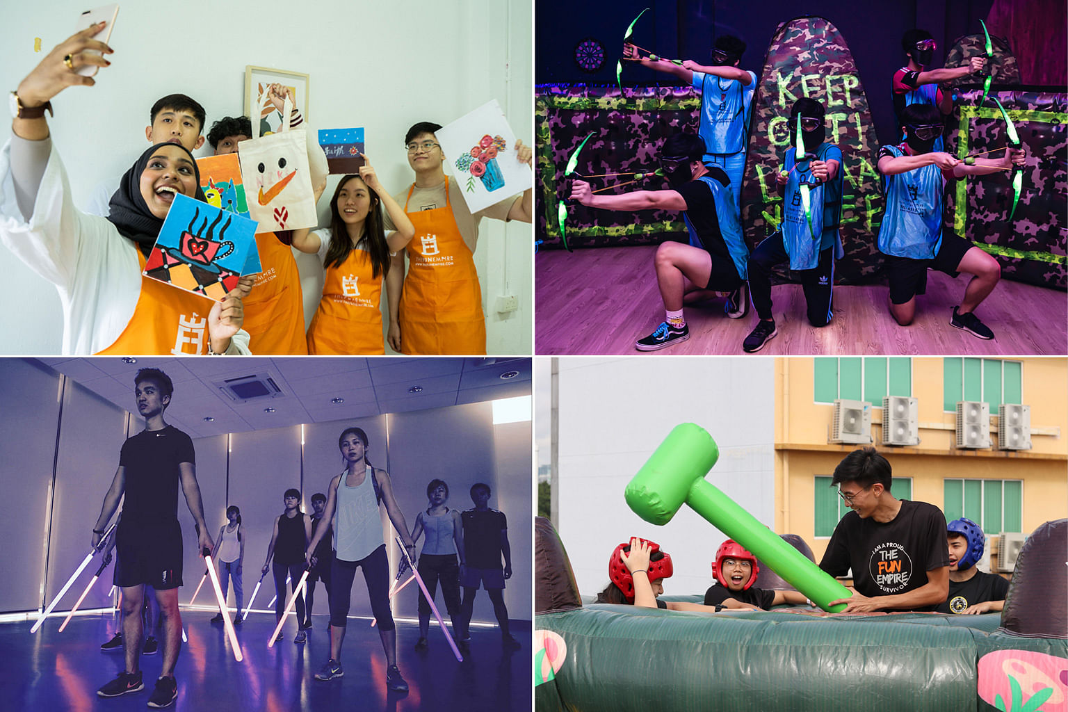 FunEmpire activities such as art jamming, neon archery tag, saberfit and giant whack-a-mole