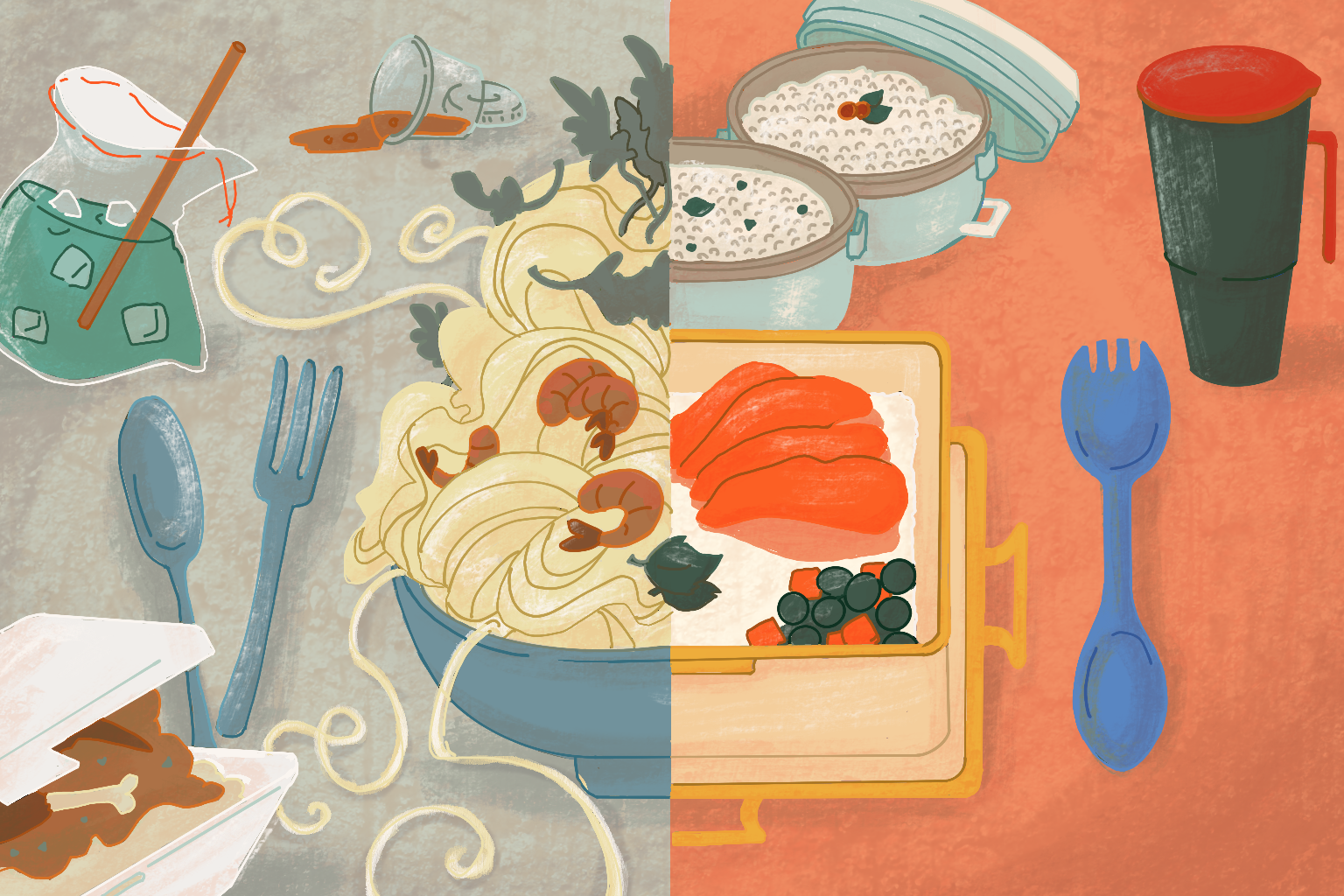 A contrast of scenarios showing food waste and plastic packaging waste