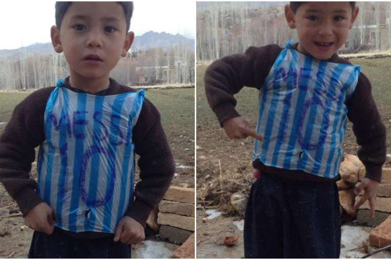 Afghan boy star after his plastic bag Messi jersey
