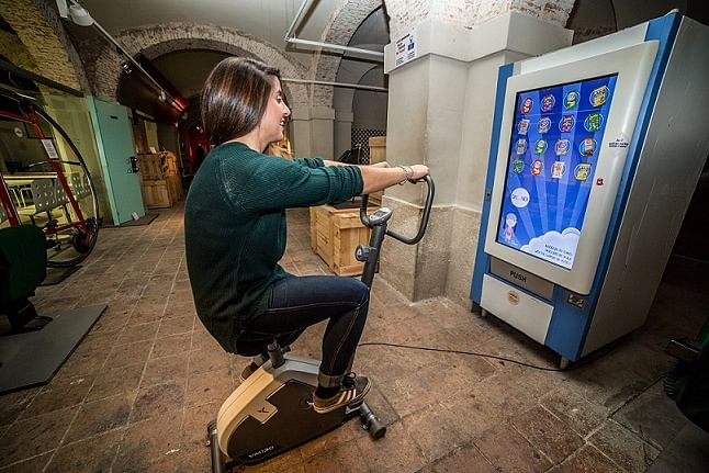 The human-powered vending machine invented by Mr Pep Torres. To get a food item, one must work off the calories first on the attached stationary bike.