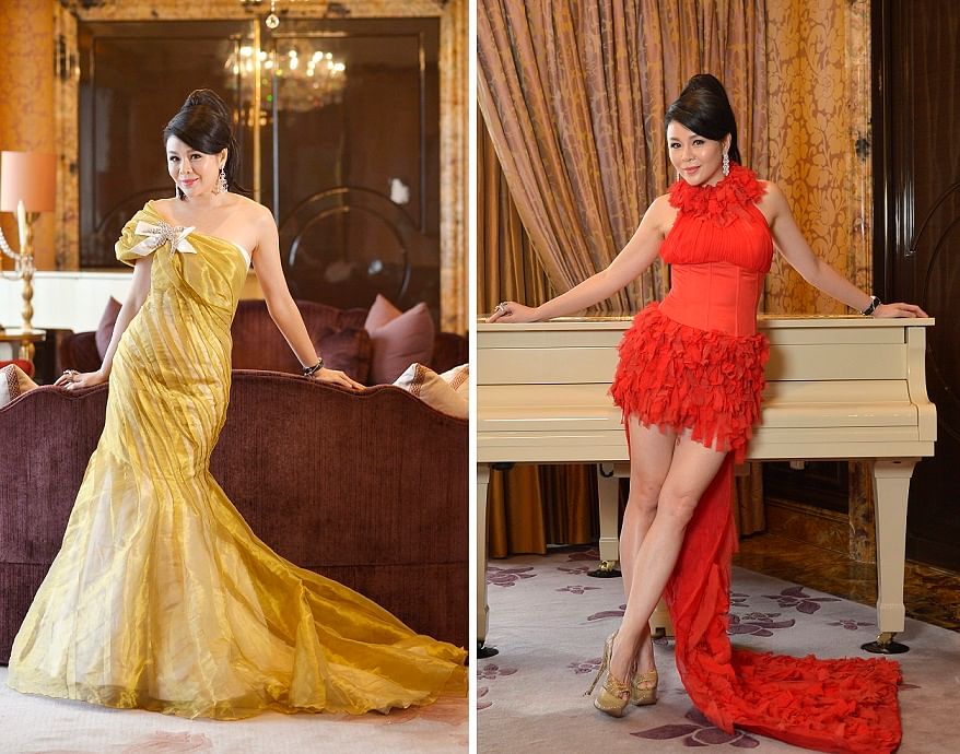 Mrs Ho designs her own gowns. (Left) “I can highlight my shoulders and curves in this one-shoulder, mermaid silhouette gown.” (Right) “Racerfront gowns are great for showing off my shoulders.” 