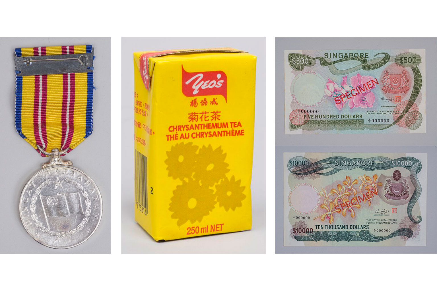(From left) The Pingat Pertahanan Medal, awarded to personnel involved in the fight during Konfrontasi; a Yeo's packet drink; the first currency notes, called the Orchid series, issued in 1967.
