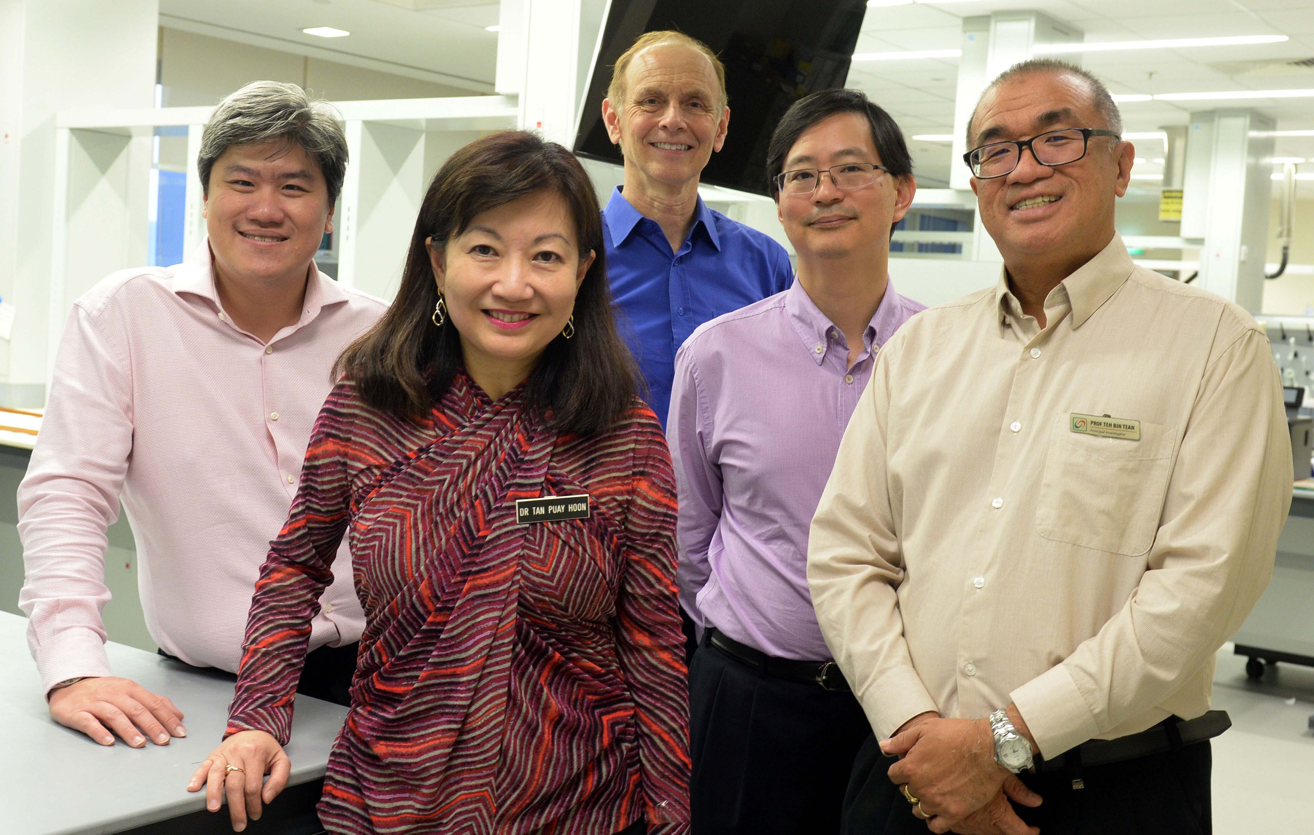 The researchers from the SingHealth Duke-NUS Academic Medical Centre (from far left): Dr Ong Kong Wee, Professor Tan Puay Hoon, Professor Steven Rozen, Professor Patrick Tan and Professor Teh Bin Tean.