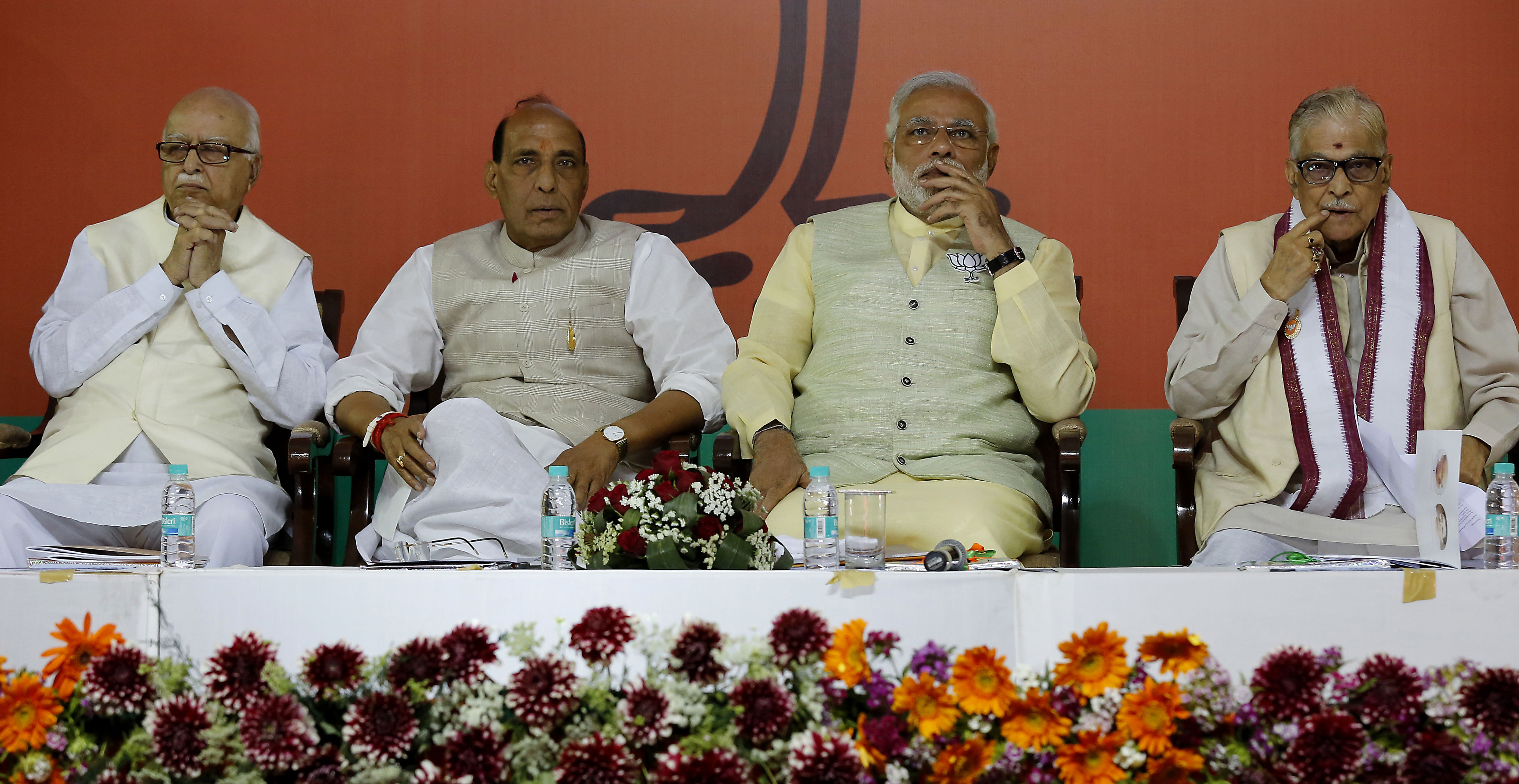 (From left) BJP senior leader L. K. Advani, former party president Rajnath Singh, Prime Minister Narendra Modi and leading party member Murli Manohar Joshi seen here prior to the release of the BJP's election manifesto last year. BJP's loss at the Bi