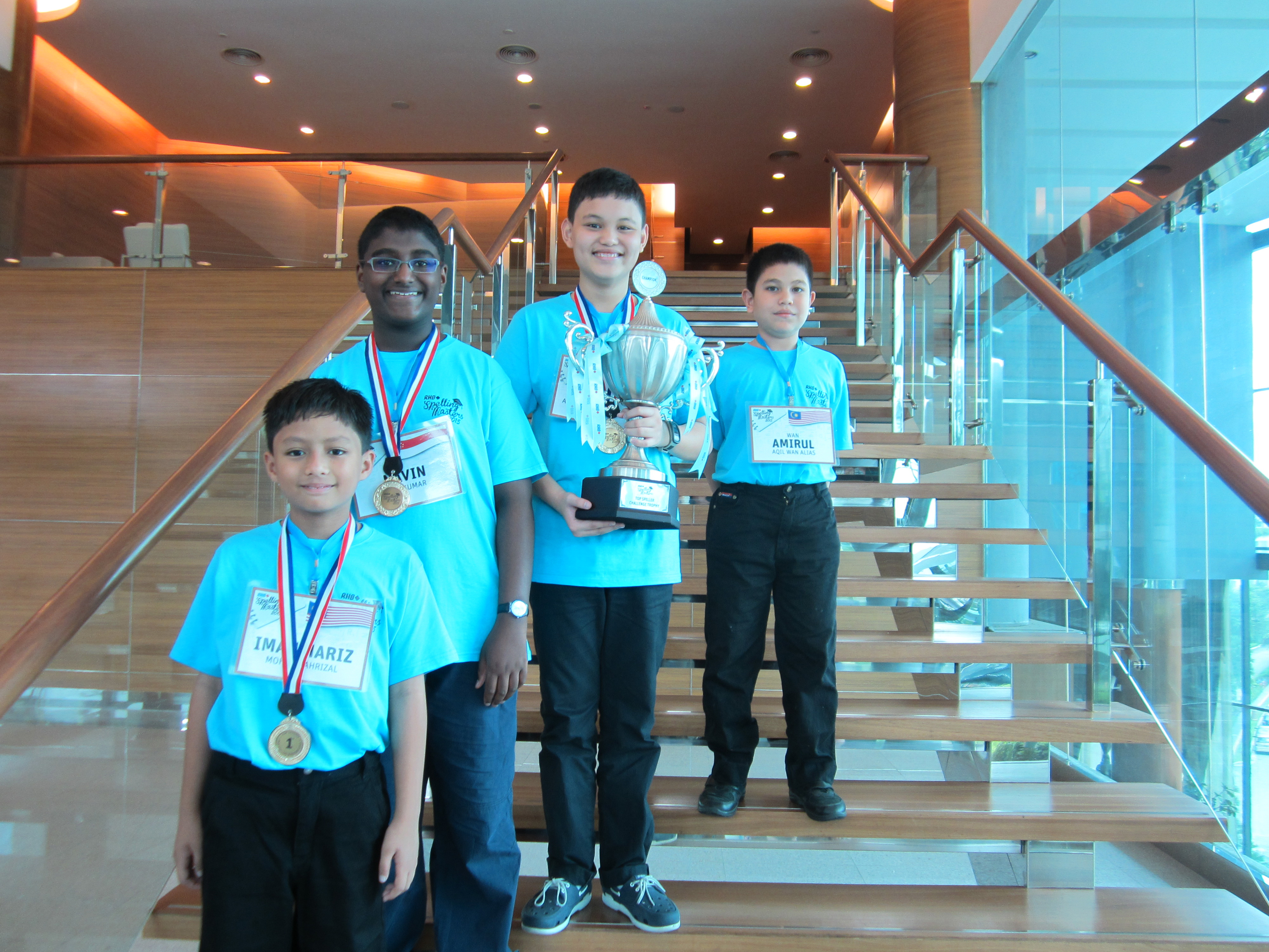 The winning team of the RHB Spelling Masters: (From left) Iman Hariz Mohd Shahrizal, 10; Navin Sivakumar, 12; Ryan Andrew A Salao, 13; and Wan Amirul Aqil Wan Alias, 11.