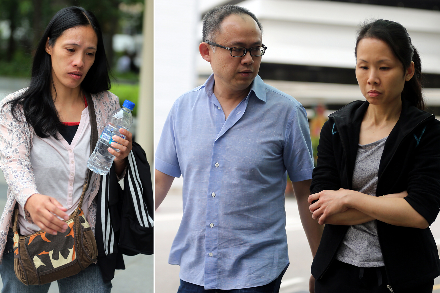 Madam Thelma Oyasan Gawidan (far left), whose weight dropped from 49kg to 29kg in 15 months, said she had no way of buying food as her employers (left), trader Lim Choon Hong and his wife Chong Sui Foon, kept her salary from her, claiming they were s