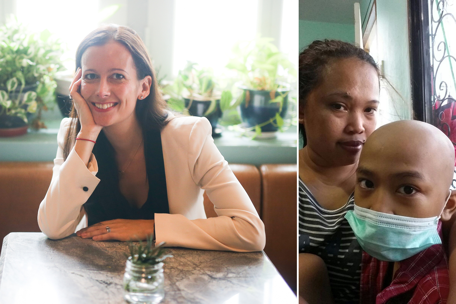 Lawyer Isabelle Claisse (left) will be shaving her head on Jan 13 to raise funds for her maid Mariza Canete whose son Dave Caba (both right) has been diagnosed with a potentially fatal cancer.