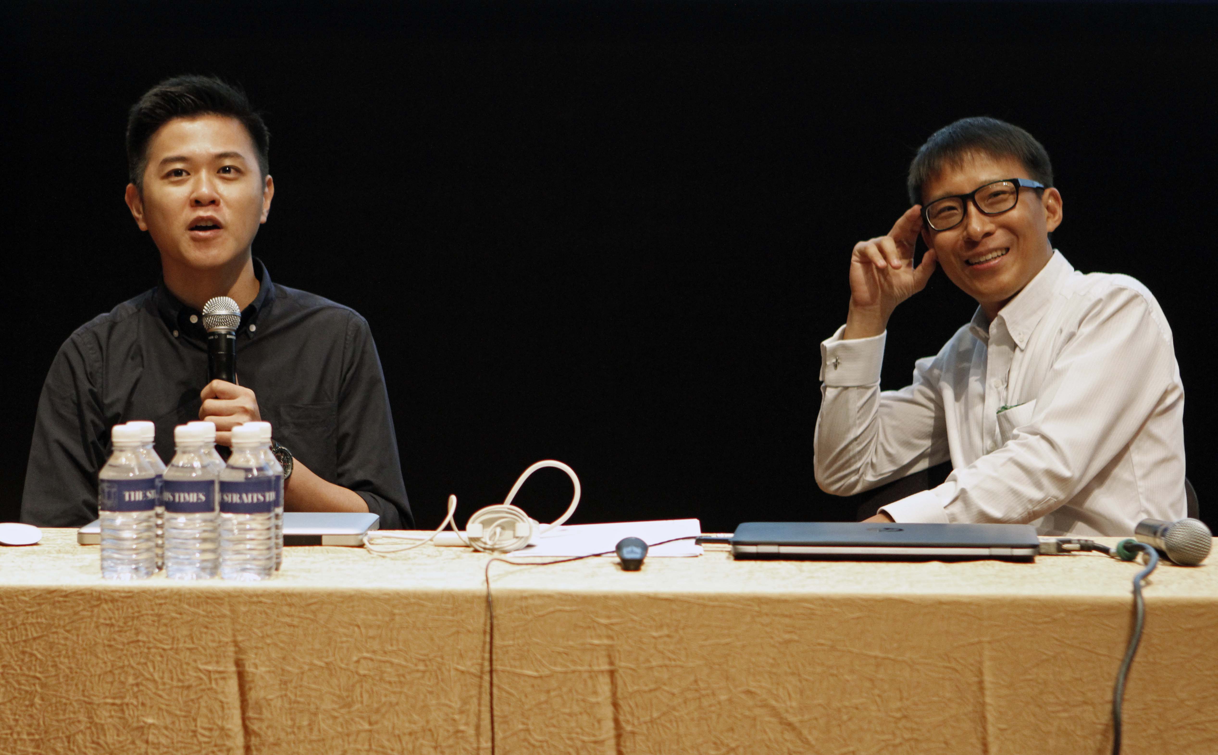 Mr Desmond Lim (far left) and Mr Alphonsus Chern were among the Straits Times photojournalists who yesterday conducted talks which featured topics such as covering disasters and how photojournalism has changed in a digital age.