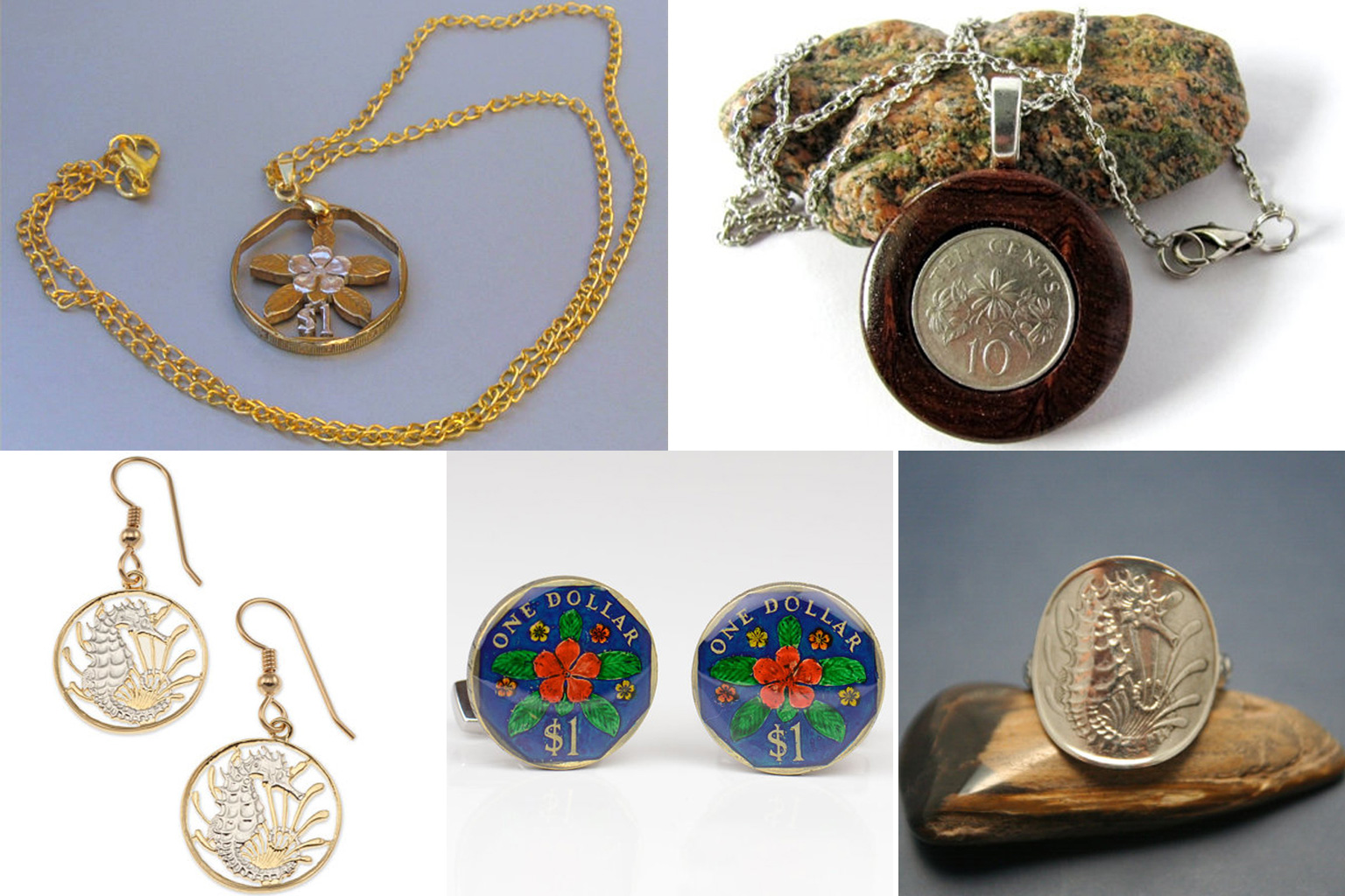 (From left) The Singapore coins have been cut into pendants and earrings, painted with enamel, turned into ringsand set in other materials.