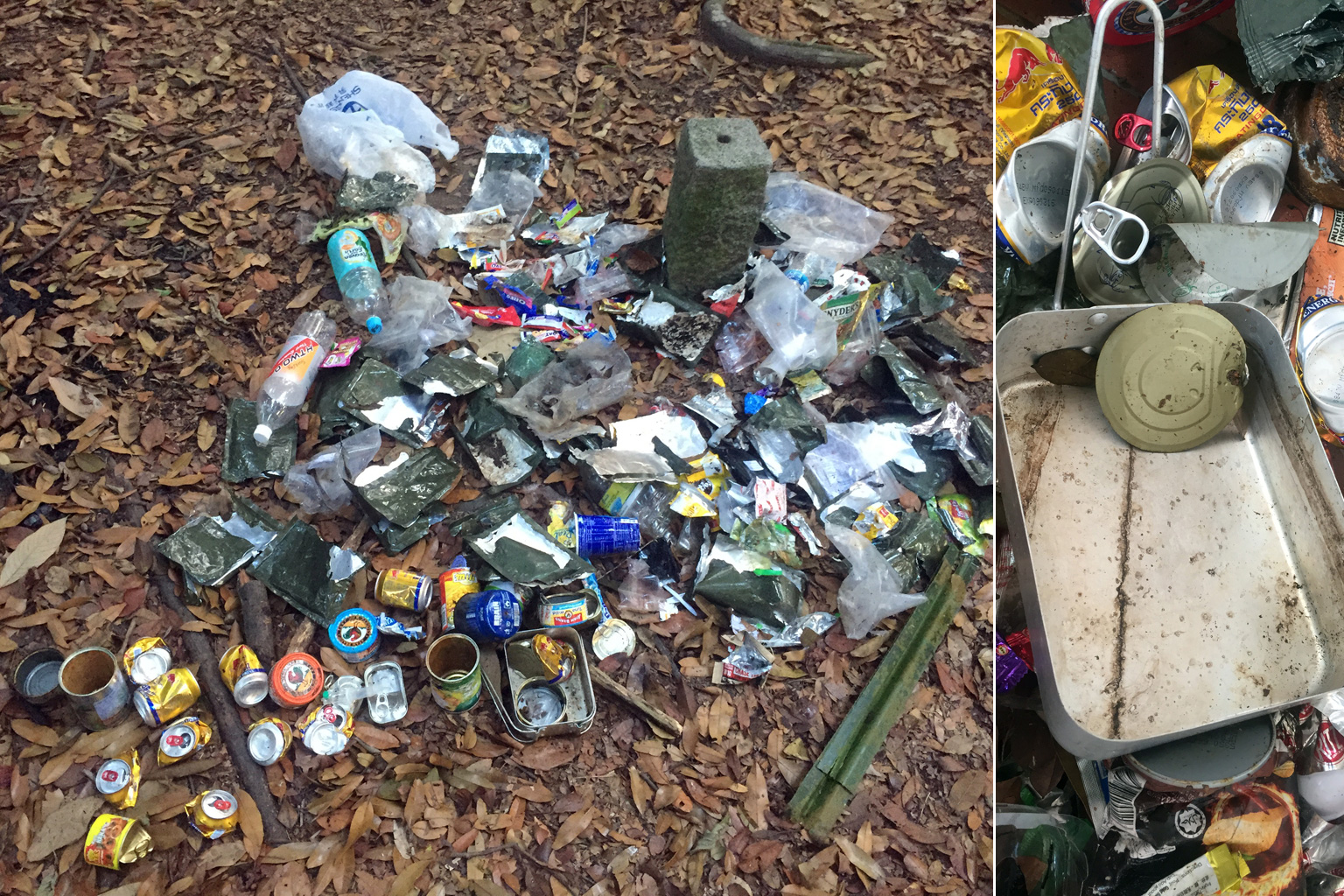 The trash found at the same clearing in a forest near Seletar Reservoir on April 10 (above) and April 27 (above, left) by regular visitor Debbie Fordyce.