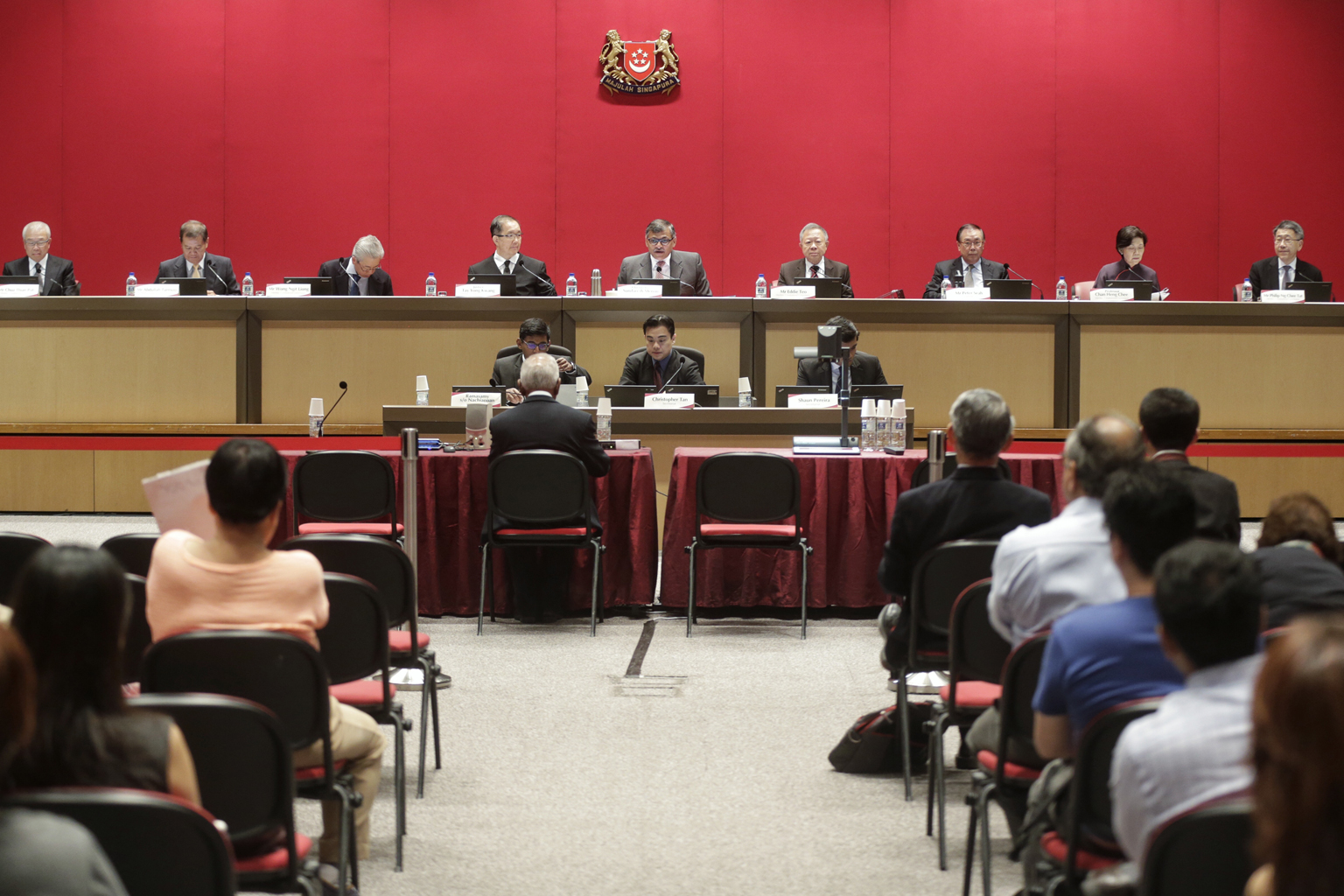 Former Cabinet minister S. Dhanabalan (seated, with back to camera) speaking at the Constitutional Commission hearing with (back row, from left) Constitutional Commission members Mr Chua Thian Poh, Mr Abdullah Tarmugi, Mr Wong Ngit Liong, Justice Tay