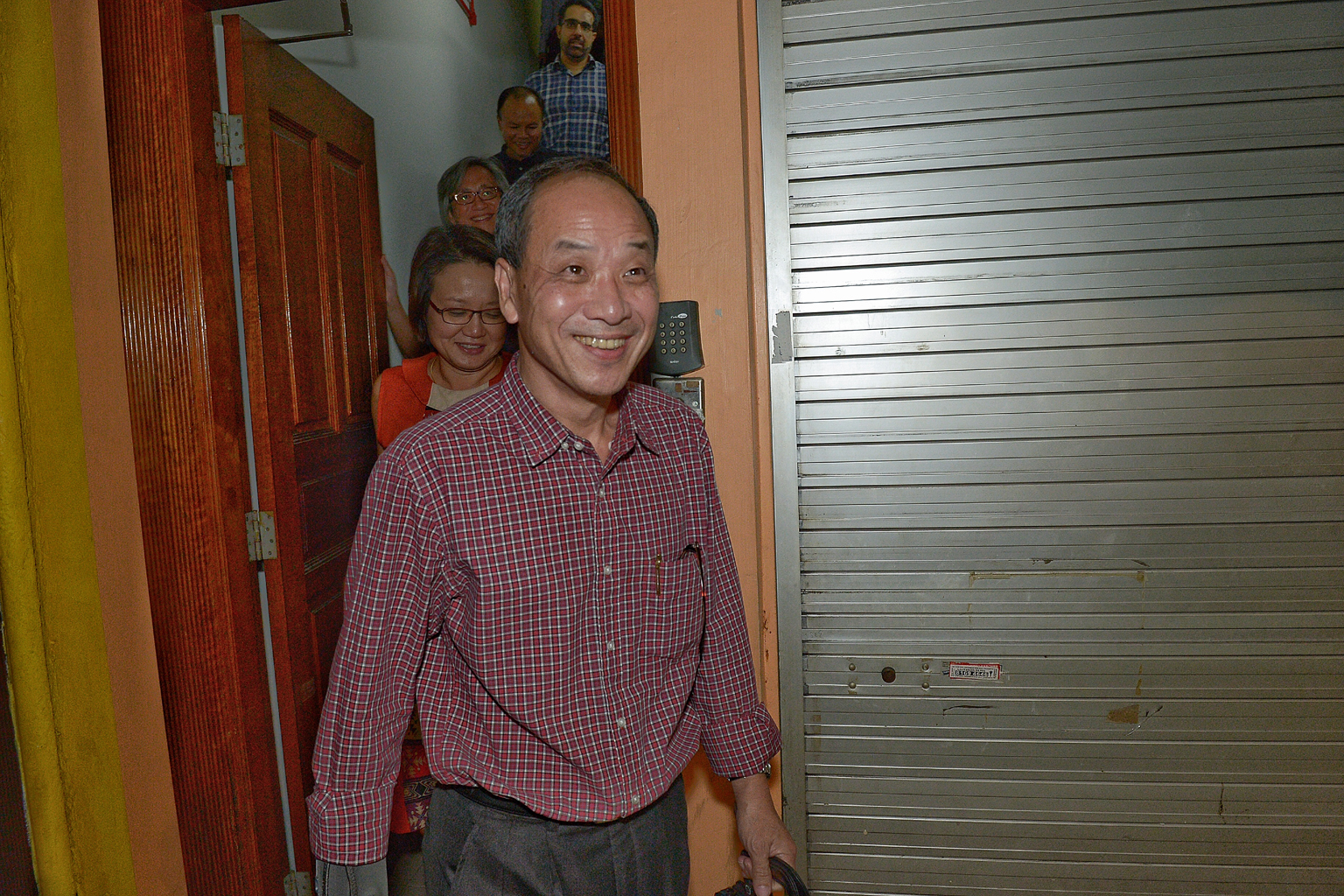 Emerging from the Workers' Party's HQ last Tuesday were (from the front) Mr Low Thia Khiang, Ms Sylvia Lim, Mr Chen Show Mao, Mr Muhamad Faisal Abdul Manap and Mr Pritam Singh.