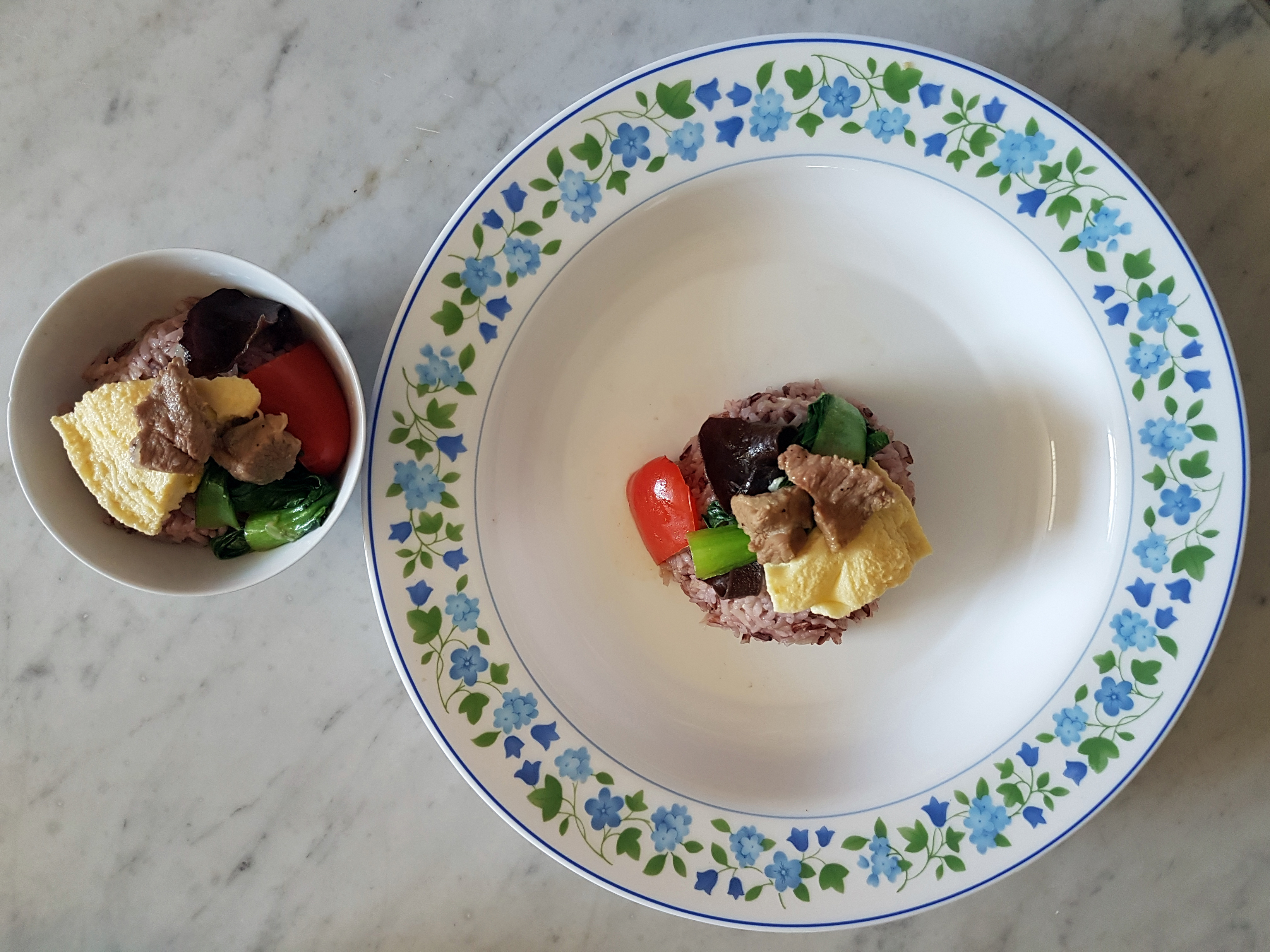 The portions (above) are both similar but people using the bigger plate tend to need more food than those using the smaller bowl.