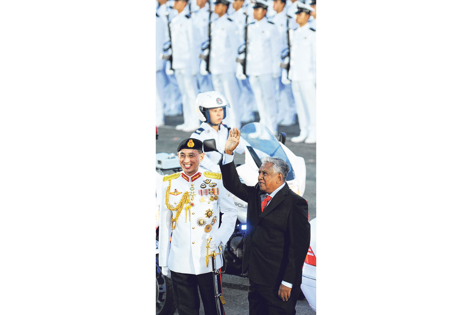 President Nathan at the 2009 National Day Parade, with Chief of Defence Force Desmond Kuek. In his two terms as Singapore's president, he was a friend to the ordinary man and a top Singapore flag-bearer abroad. Having grappled with poverty in his gro