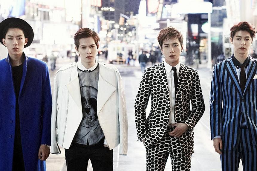 South Korean pop rock band CNBlue (from left) bassist Lee Jung Shin, guitarist Lee Jong Hyun, frontman Jung Yong Hwa, and drummer Kang Min Hyuk. -- FILE PHOTO: ROCK RECORDS &nbsp;