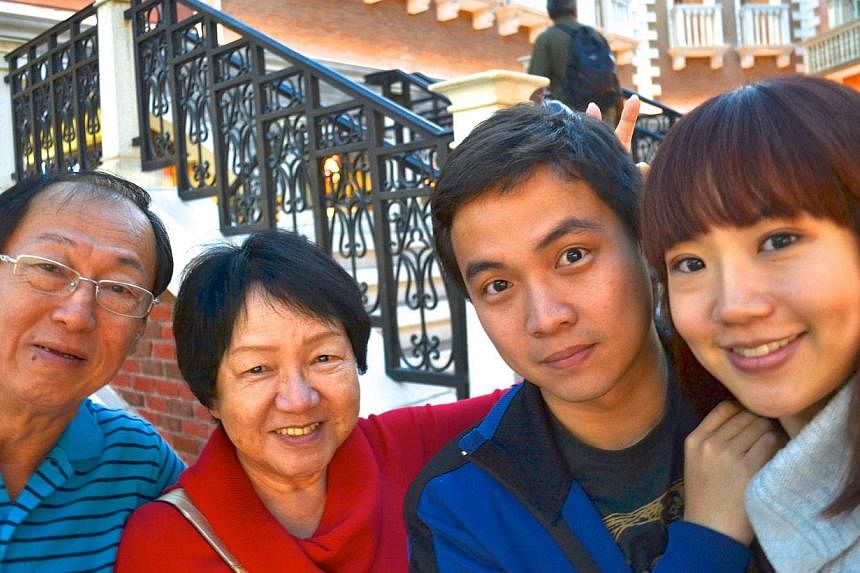 Lin hosting TV series, Secret Singapore, and holidaying in Macau (above) in 2011 with her dad, mum and fiance Lie Wei Xiang. -- PHOTO: COURTESY OF LIN PEIFEN
