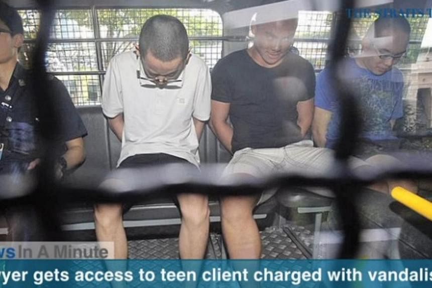 The lawyer of one of the five 17-year-olds charged with vandalising was granted access to his client on Wednesday.&nbsp;-- PHOTO: SCREENGRAB FROM VIDEO