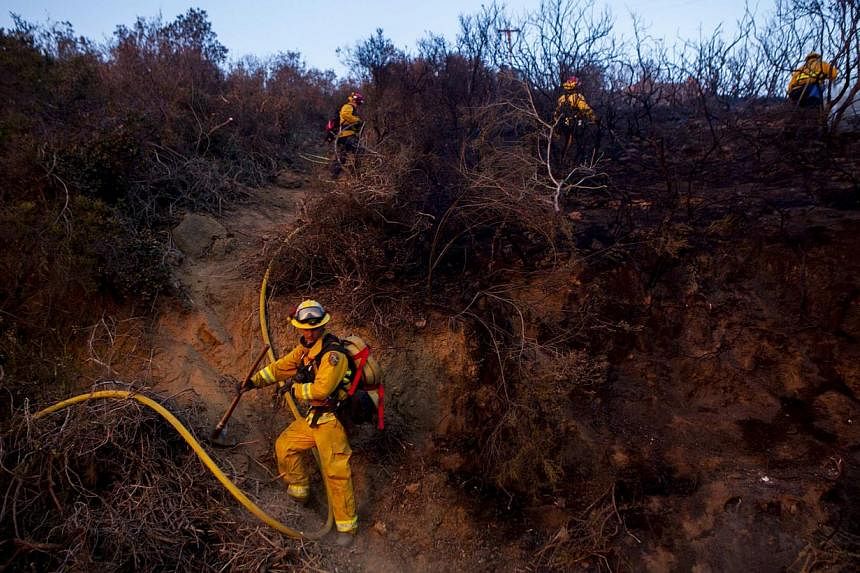 Fire crew put out smouldering embers from the Cocos Fire in San Marcos, California on May 15, 2014. California firefighters were battling wind-whipped wildfires on Friday, as some 125,000 people fled their homes in the San Diego area and police arres