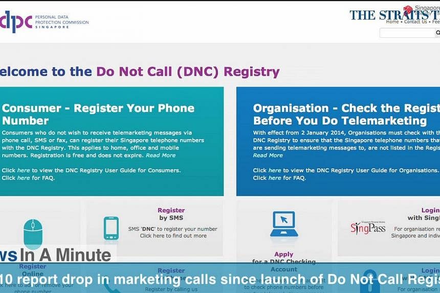 Of 1000 consumers polled, 7 out of 10 reported a reduction of unwanted marketing messages after the launch of the Do Not Call Registry in January.&nbsp;-- PHOTO: SCREENGRAB FROM VIDEO