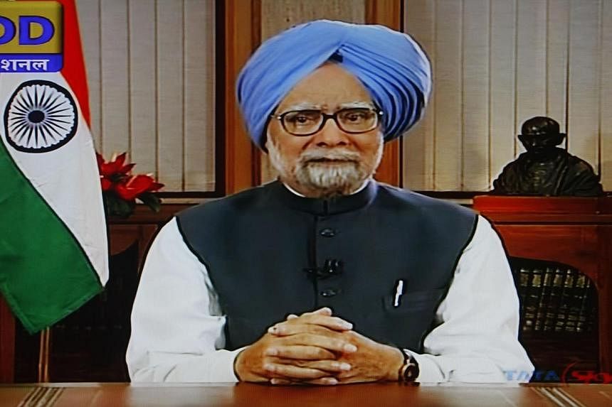 In this screengrab taken from Indian state television station Doordarshan on May 17, 2014, Indian Prime Minister Manmohan Singh addresses the nation from his residence in New Delhi. Dr Singh defended his decade-long record on Saturday as he resigned 