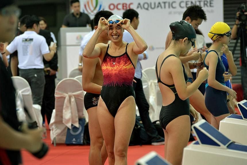 Joscelin Yeo prepares her 50m swim relay at the new OCBC Aquatic Centre at the Sports Hub.&nbsp;-- ST PHOTO:&nbsp;KUA CHEE SIONG