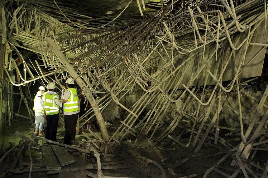 The underground scaffolding at the Downtown Line Bugis MRT Station worksite near the junction of Rochor Road and Victoria Street had collapsed on July 18 2012. A sub-contractor for the Bugis Downtown line was on Wednesday fined $100,000 for the fatal