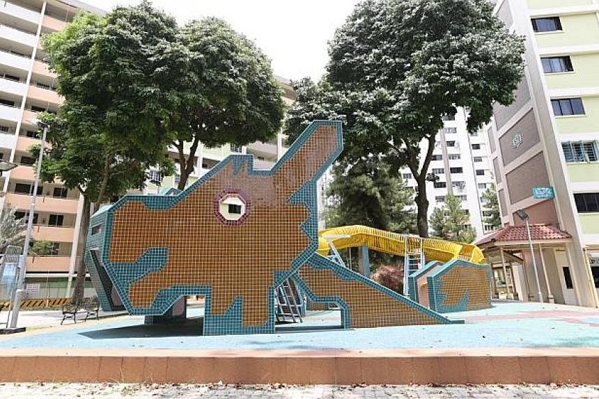 The dragon playground in front of Block 570/571 Ang Mo Kio Avenue 3. It was designed by Mr Khor Ean Ghee, former Housing Board playground designer of Housing Board, and is estimated to have completed in 1978. -- PHOTO: MY PAPER FILE