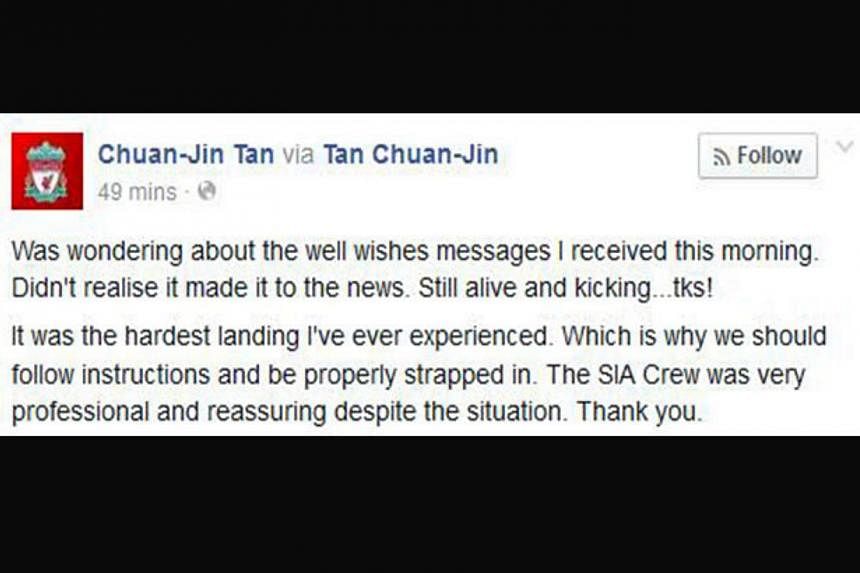 Manpower Minister Tan Chuan Jin, who was on the flight, said on his Facebook page that it was "the hardest landing I've ever experienced". -- SCREENGRAB: CHUAN-JIN TAN / FACEBOOK