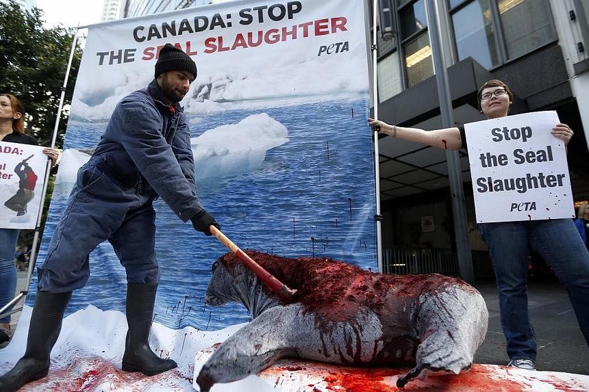 Demonstrators stage a mock clubbing of a seal during a Peta protest against harp seal hunting in Canada outside the Canadian consulate in Los Angeles, California on March 31, 2014.&nbsp;The WTO on Thursday upheld a European Union ban on imports of se