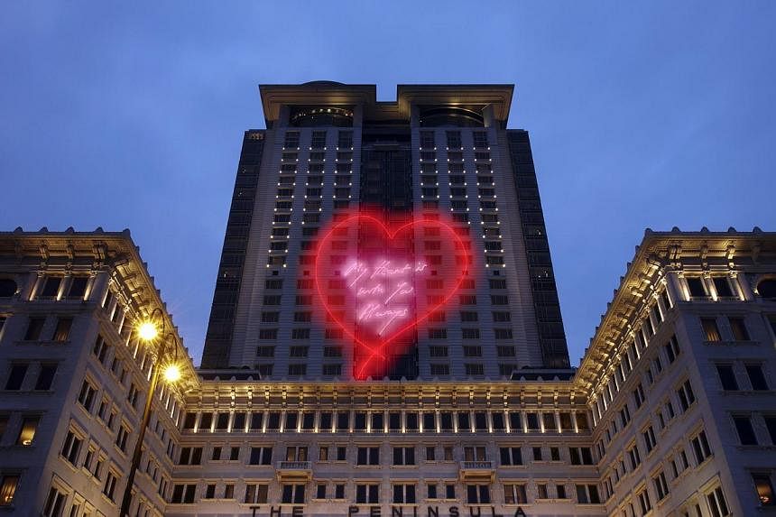 Interactive art installation Ping Pong Go-Round by Singapore artist Lee Wen was shown at the recent Art Basel in Hong Kong, while Tracey Emin’s My Heart Is With You Always was displayed on the facade of The Peninsula hotel (above) in Hong Kong ever