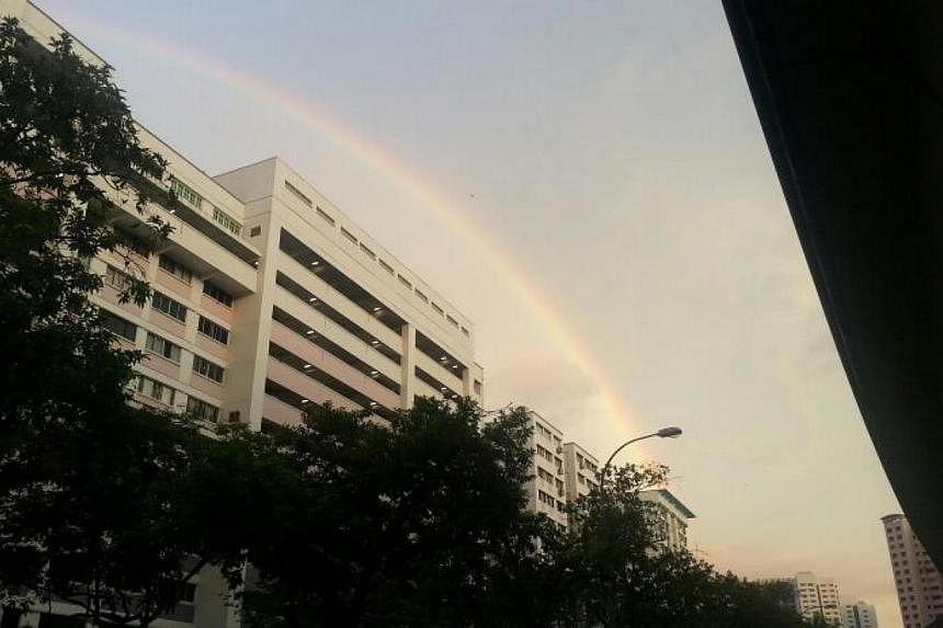 Social media cheered the ephemeral appearance of a double rainbow that spanned the skies of Singapore after a light shower on Wednesday morning. -- PHOTO: DEFFREY LIM