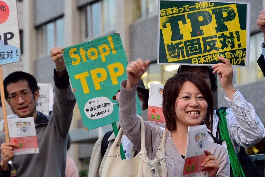 Protesters raise their fists and chant slogans during a rally against the Trans Pacific Partnership (TPP) trade deal in front of the prime minister's official residence in Tokyo on May 13, 2014. -- PHOTO: AFP