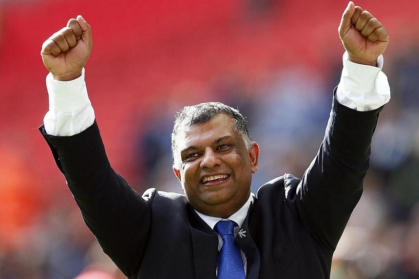 Queens Park Rangers' owner Tony Fernandes celebrates after their Championship play-off final soccer match against Derby County at Wembley Stadium in London on May 24, 2014. -- PHOTO: REUTERS