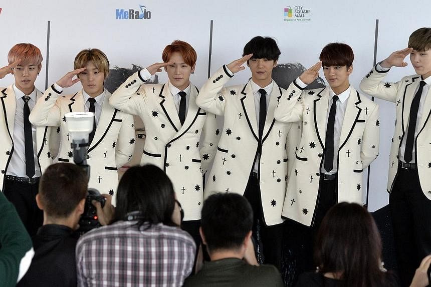 (From left) Members of&nbsp;South Korean hip-hop group B.A.P Daehyun, Jongup, Himchan, Yongguk, Youngjae and Zelo.&nbsp;-- ST PHOTO:&nbsp;DESMOND FOO