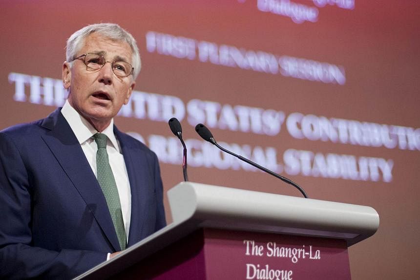 US Defence Secretary Chuck Hagel speaks at the opening plenary meeting at the 13th Asia Security Summit in Singapore, on May 31, 2014. -- PHOTO: REUTERS