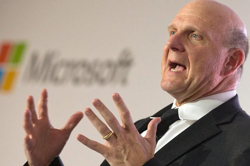 A file photograph dated 08 November 2012 shows Steve Ballmer, back then CEO of Microsoft, talking during the unveiling of the project 'Schlaumaeuse' (Clever Mice) in Berlin, Germany. -- PHOTO: EPA