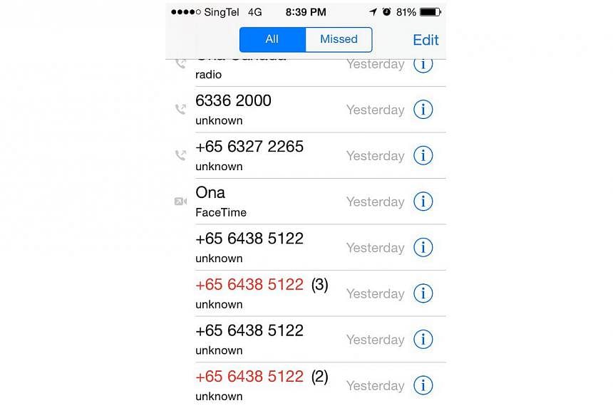 A screenshot of the call log from Mr Chaudhuri's phone. MOM's hotline number is in red.
