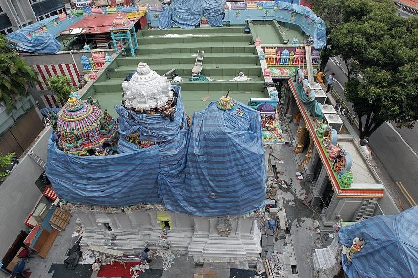 The view of the temple undergoing renovation and restoration from the new six-storey building at the back of the Serangoon Road compound. -- ST PHOTO: NEO XIAOBIN